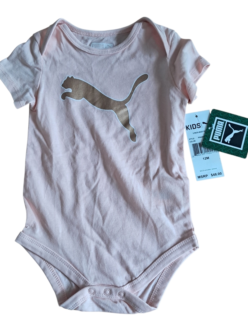 Puma Infant Girls Bodysuit 12M Pink Short Sleeve Gold Cat Logo NWT